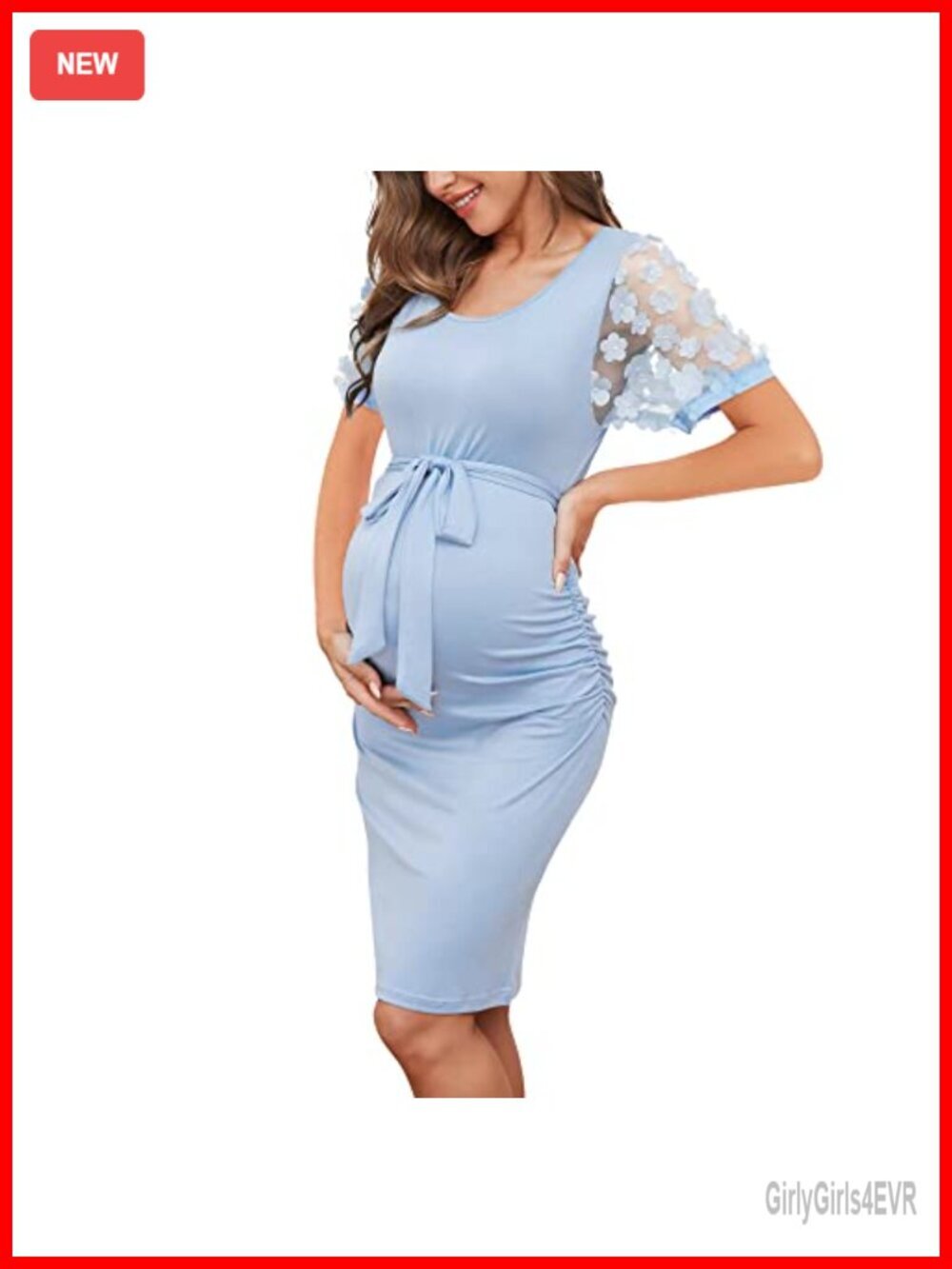 Maternity Bodycon Midi Dress with Mesh Bishop Sleeves for Baby Shower
